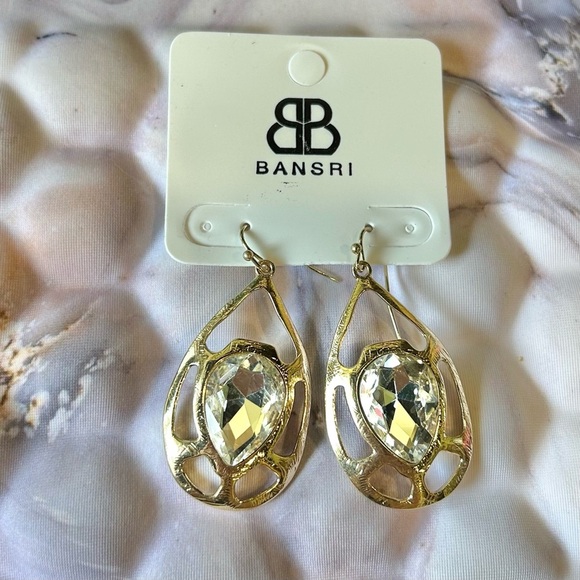 NWT Bansri Gold Clear Crystal Teardrop Statement Dangle Earrings - Picture 1 of 6